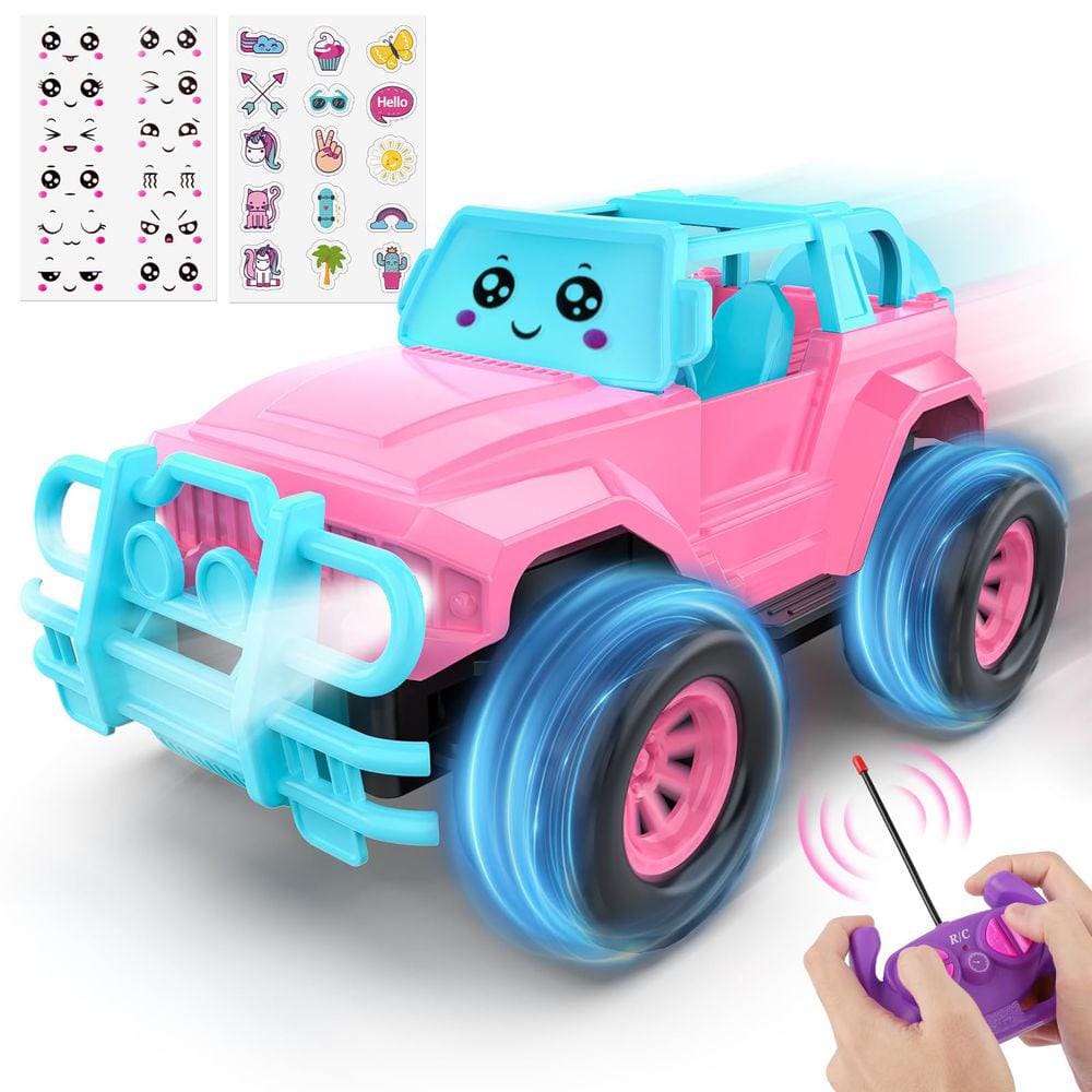 Carro de controle remoto LERJIAUS rosa para crianças com adesivos DIY