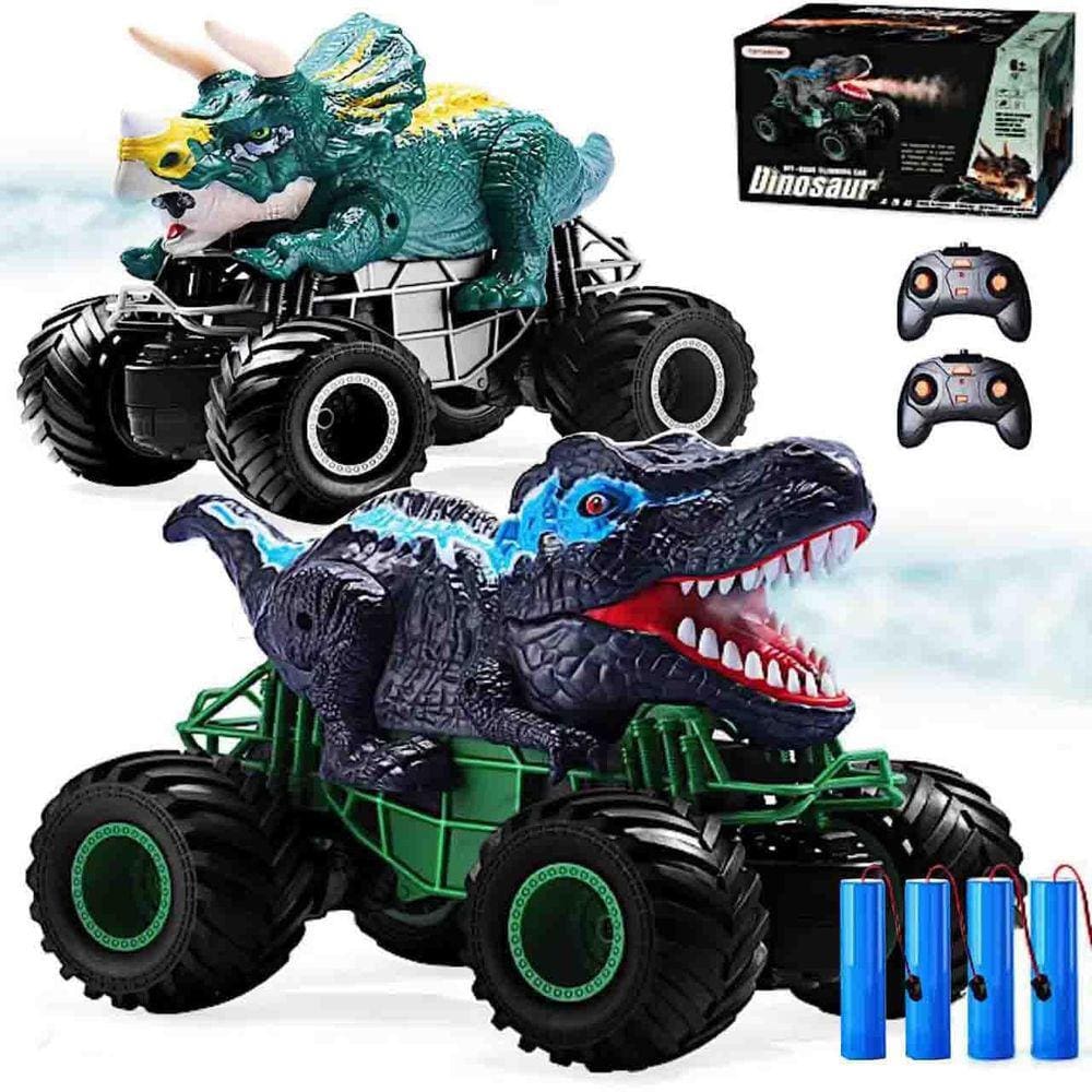 Pacote com 2 carros de dinossauro RC Yamaester com kit de luz, som e spray
