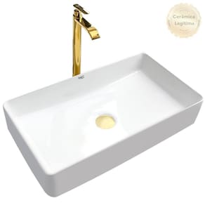 Kit Cuba Pia Louça Cerâmica Banheiro C/ Torn E Vál Dourada 2