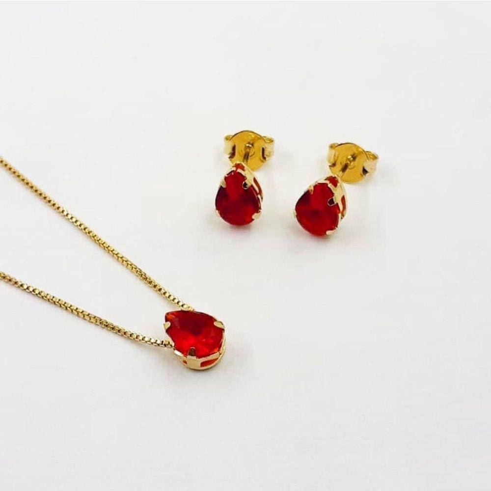 Conjunto Gota Vermelha - Banhado em Ouro 18k