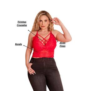 Top Feminino Plus Size com Renda e Tiras Cruzadas