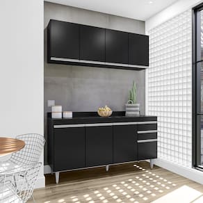 Kit Armário Lavinia e Balcão Lorena 160cm S/ Tampo Preto - Vallisa Decor