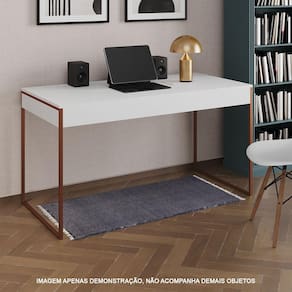 Escrivaninha Industrial Madeira Padrão Office Branca Malta 137x53cm com Base Cobre