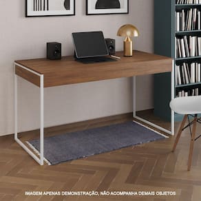 Escrivaninha Industrial Madeira Padrão Office Amêndoa Malta 137x53cm com Base em Ferro Branco