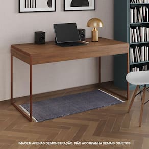 Escrivaninha Industrial Madeira Padrão Office Amêndoa Malta 137x53cm com Base Cobre