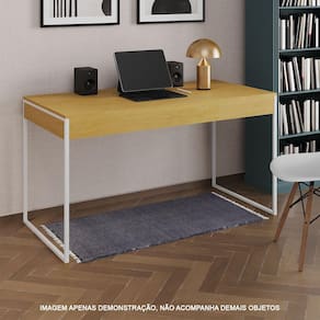 Escrivaninha Industrial Madeira Padrão Office Canela Malta 137x53cm com Base em Ferro Branco