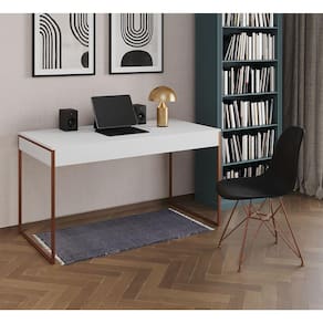Escrivaninha Industrial Escritório Branca 137x53cm Malta com 1 Cadeira Eames Eiffel Preta Base Cobre
