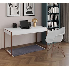Escrivaninha Industrial Office Estudo Malta Branca 137x53cm com 1 Poltrona Branca Eames Eiffel Base