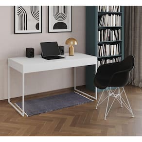 Escrivaninha Industrial Office Estudo Malta Branca 137x53cm com 1 Poltrona Preta Eames Eiffel Base F
