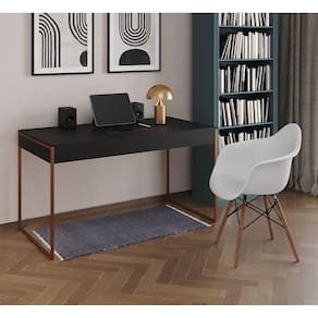 Escrivaninha Home Office Estilo Industrial Malta Preta 137x53cm Base Cobre com 1 Poltrona Branca Eam