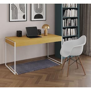 Escrivaninha Home Office Estilo Industrial Malta Canela 137x53cm Ferro Branco com 1 Poltrona Branca