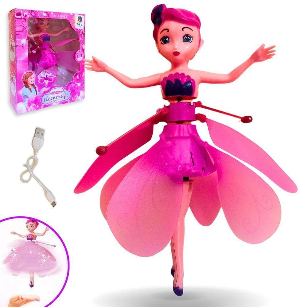 Brinquedo Boneca Fada Voadora Com Luz Voa Na Mão Por Sensor