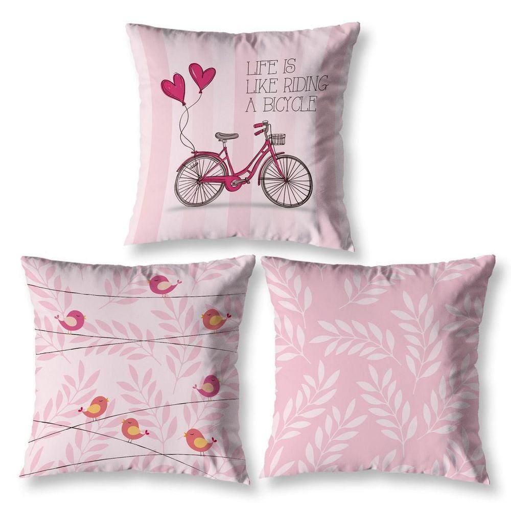 Kit 3 Almofadas Cheias 40 X 40 Estampadas Vintage Bike Rosa