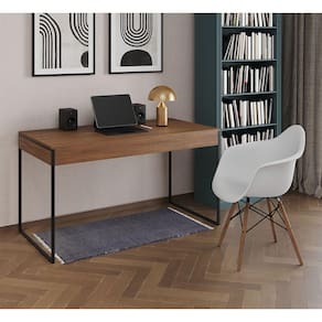 Escrivaninha Home Office Estilo Industrial Malta Amêndoa 137x53cm Ferro Preto com 1 Poltrona Branca