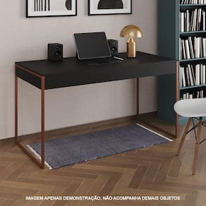 Escrivaninha Industrial Madeira Padrão Office Preta Malta 137x53cm com Base Cobre