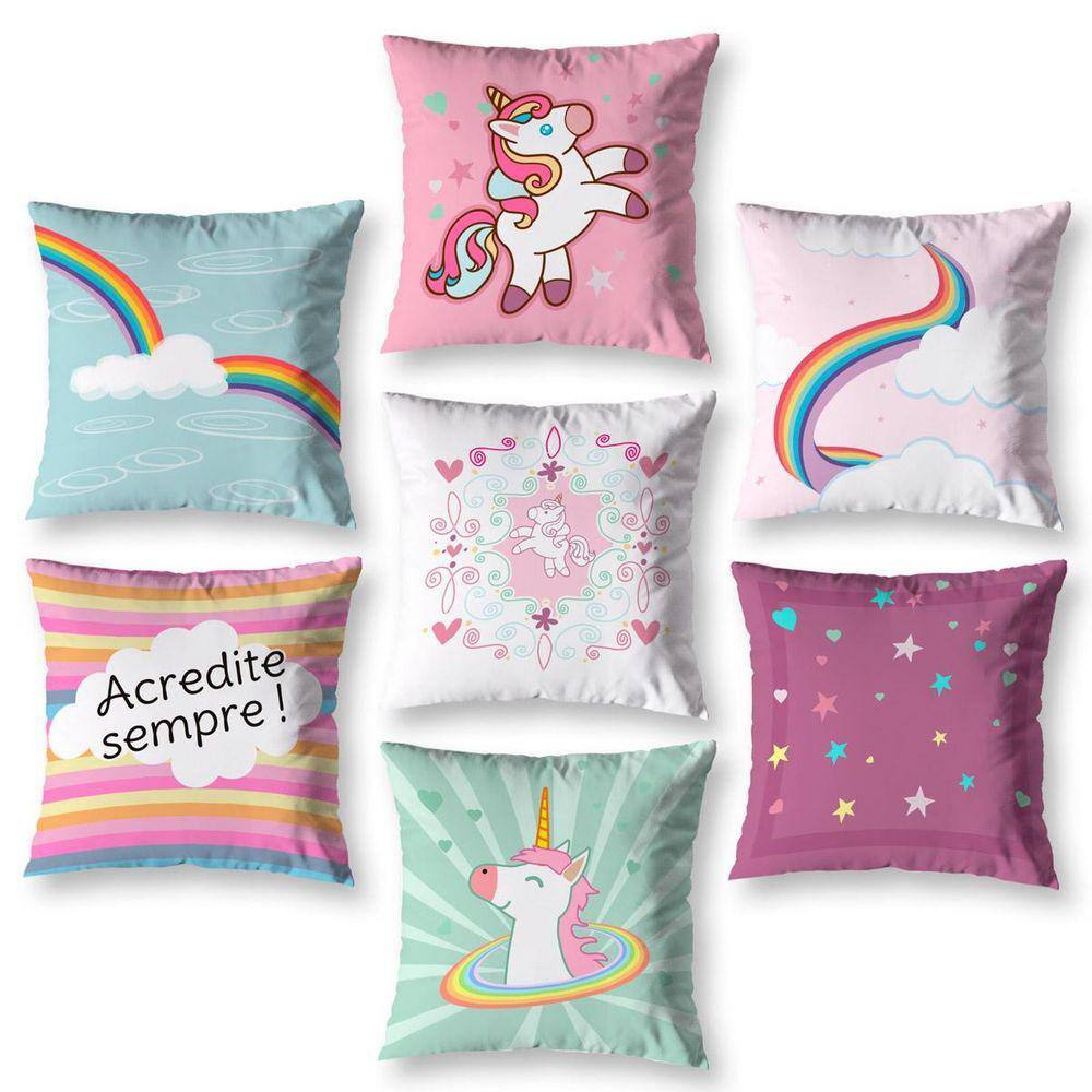 Kit 7 Almofadas Cheias 40Cm X 40Cm Estampadas Unicórnio