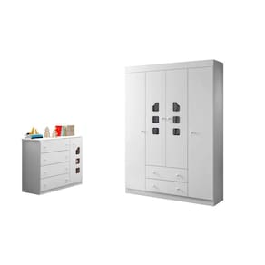Kit Quarto Infantil Bebê Lívia Cômoda 4 Gavetas E Guarda Roupa 4 Portas 2 Gavetas Com Detalhe Bco - Phoenix Baby