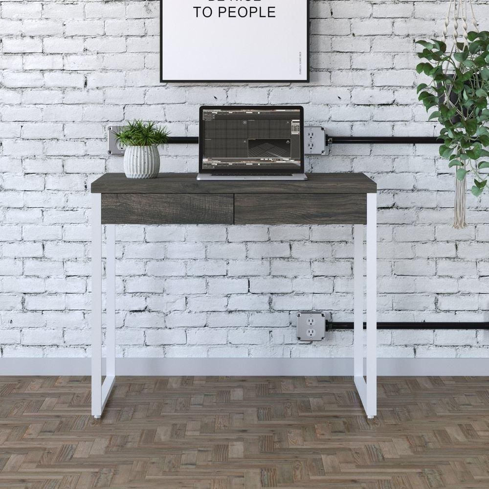 Mesa para Escritório 90cm 2 Gavetas Kuadra Carvalho Dark / Est.Branca