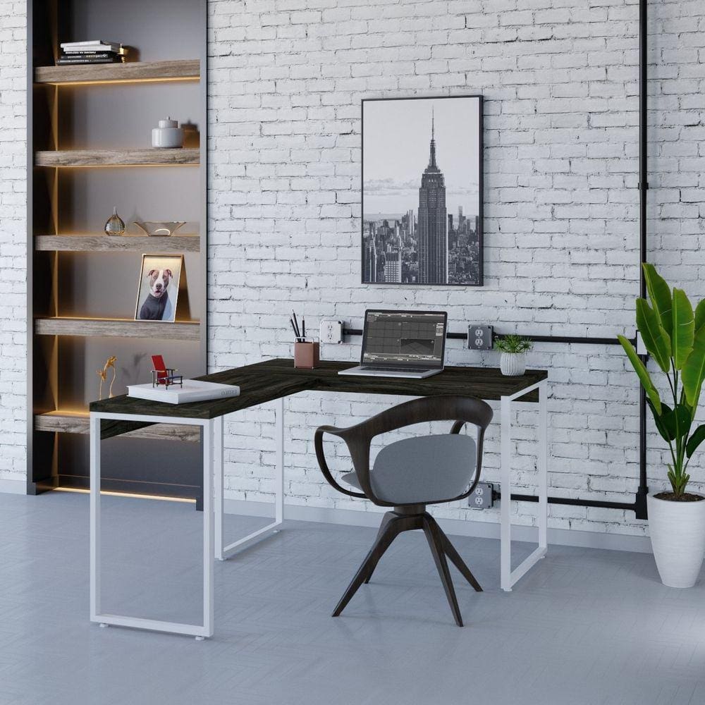 Mesa de Escritório em L Estilo Industrial 120x150cm Kuadra Carvalho Dark / Est.Branca