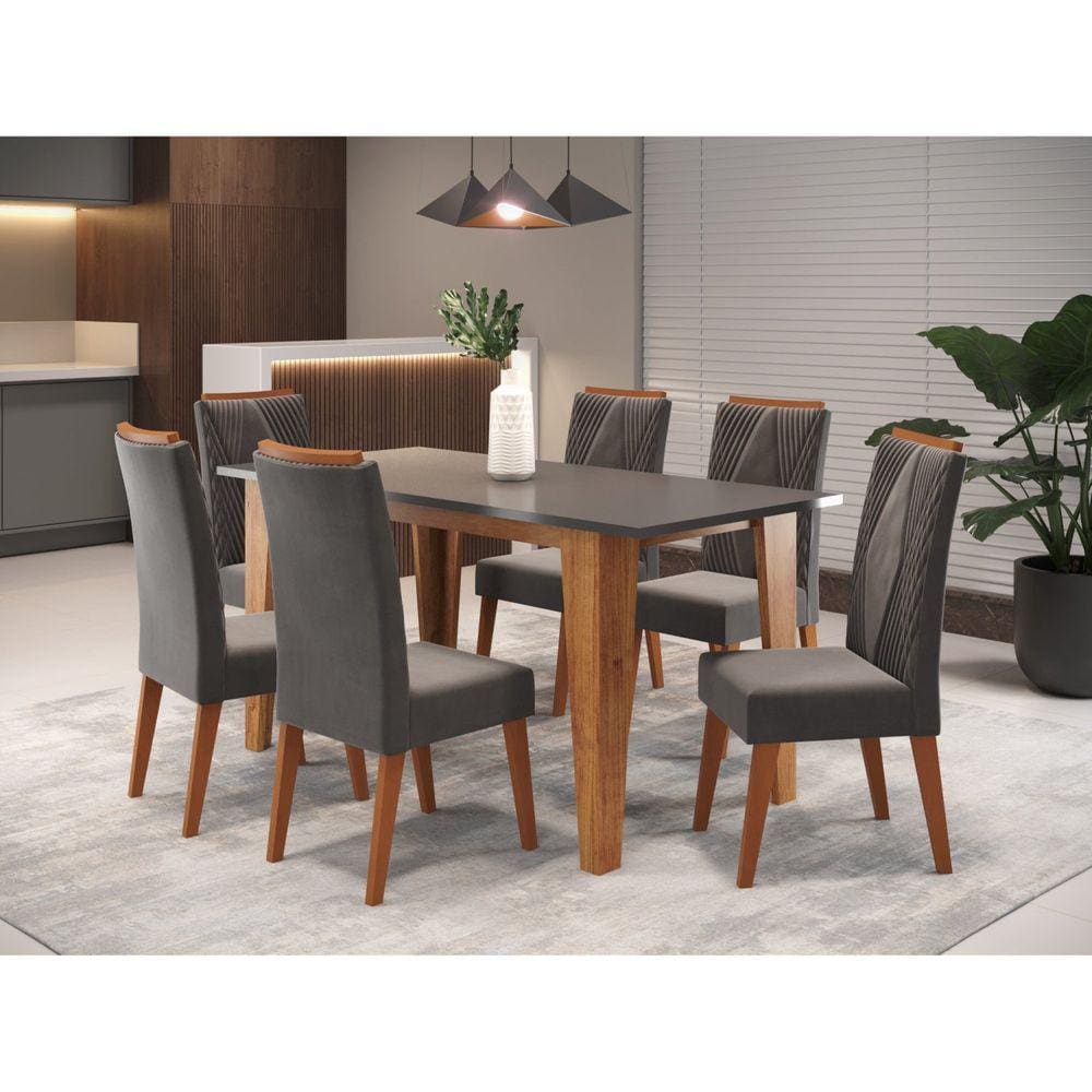 Mesa de Jantar Retangular Gales com 6 Cadeiraseiras Vegas Mel/Cinza Brilho/Grafite
