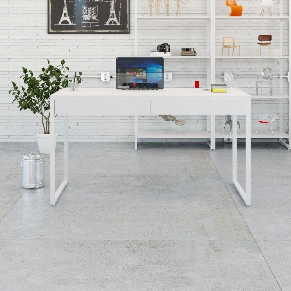 Mesa para Escritório 135cm 2 Gavetas Kuadra Branco Chess / Est.Branca