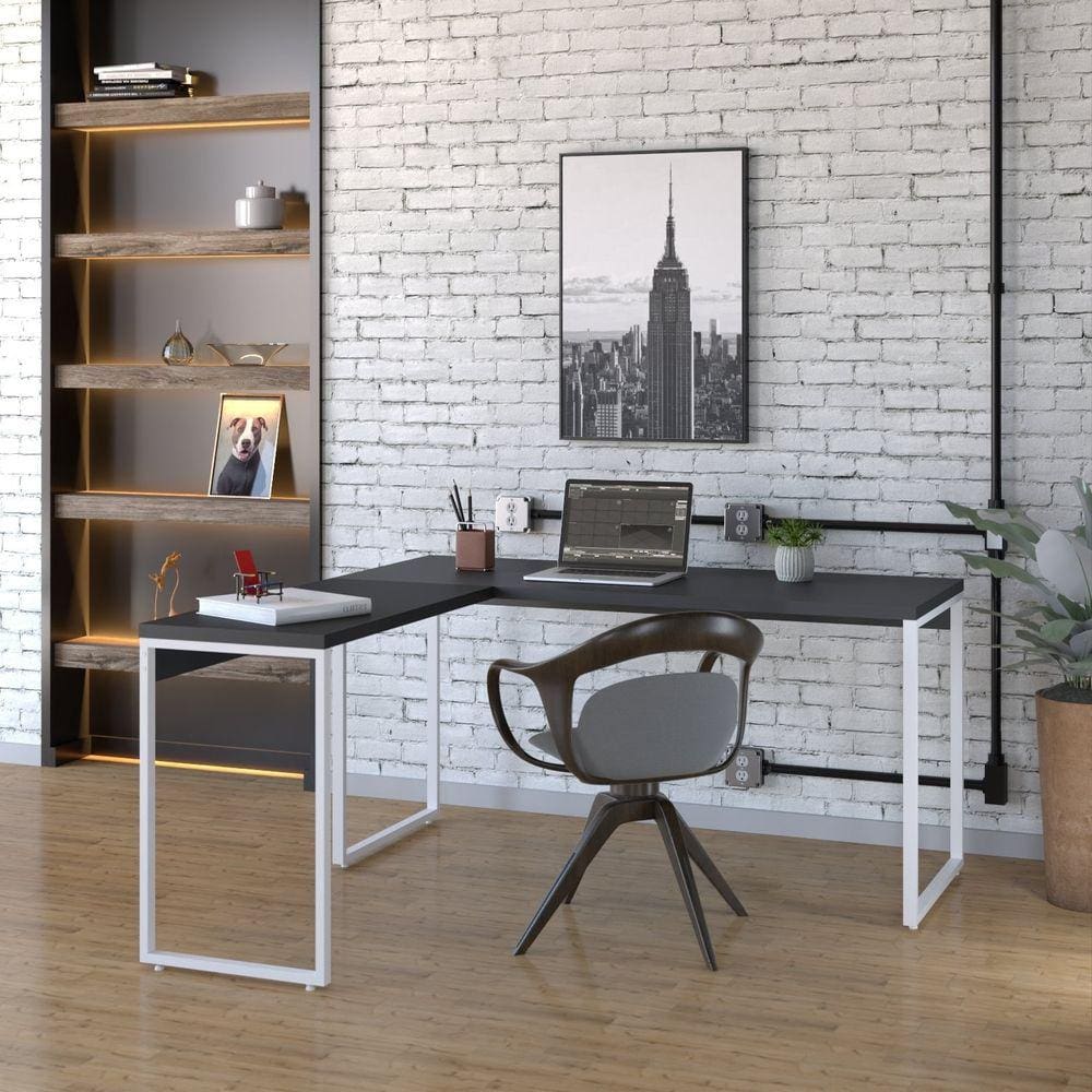 Mesa de Escritório em L Estilo Industrial 150x150cm Kuadra Preto Ônix / Est.Branca