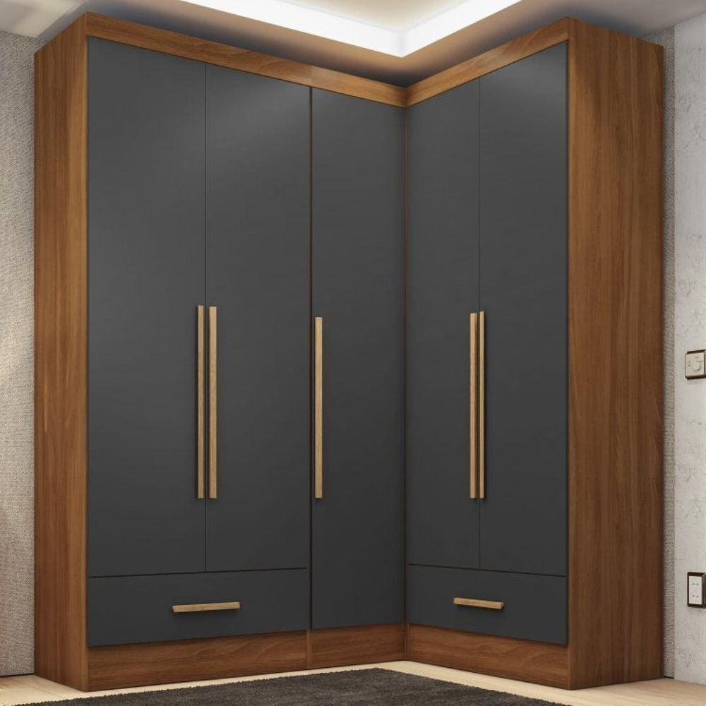 Quarto Modulado De Canto 3 Peças 5 Portas 2 Gavetas Smart Plus Cinamomo/Cinza
