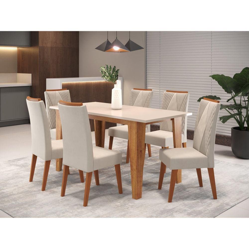 Mesa de Jantar Retangular Gales com 6 Cadeiraseiras Vegas Mel/Blonde/ Marfim