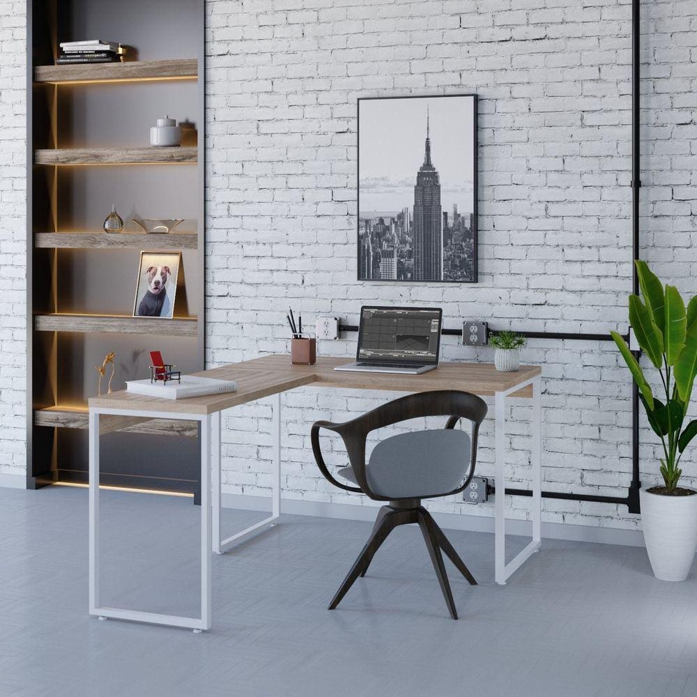 Mesa de Escritório em L Estilo Industrial 120x150cm Kuadra Lâmina Mel / Est.Branca