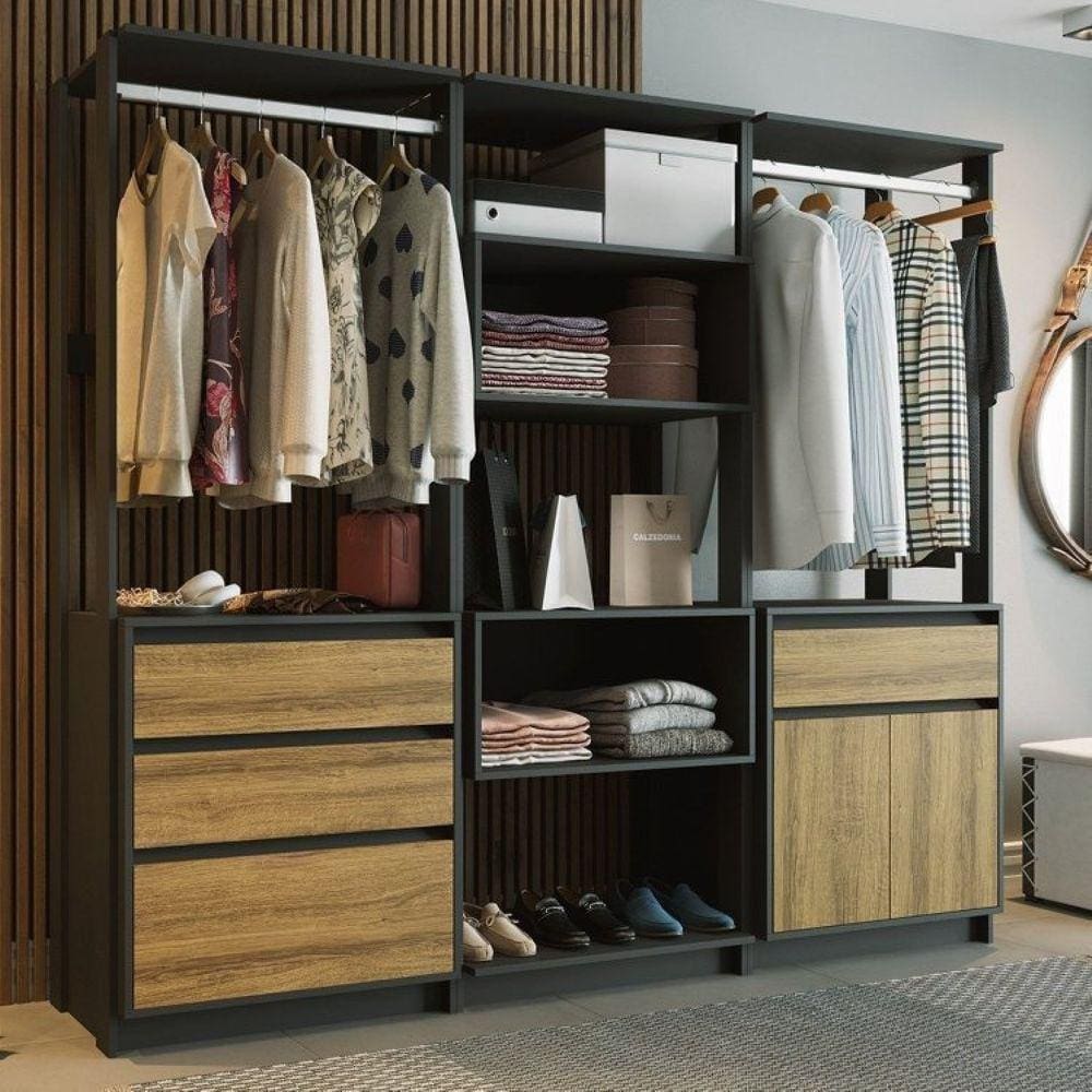 Closet Modular 2 Portas 3 Gavetas Verona Preto/Cinamomo
