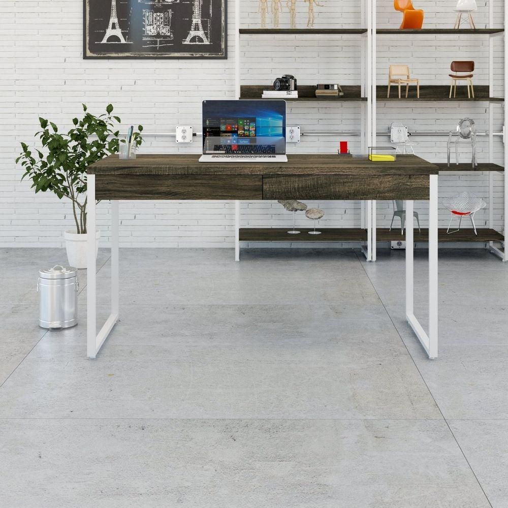 Mesa para Escritório 135cm 2 Gavetas Kuadra Carvalho Dark / Est.Branca