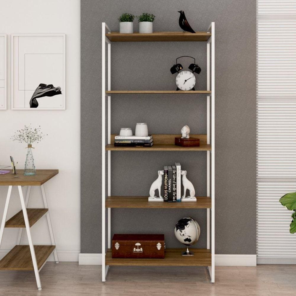 Estante Multiuso 5 Prateleiras 187x80cm Industrial Kuadra Compace Lâmina Mel / Est.Branca