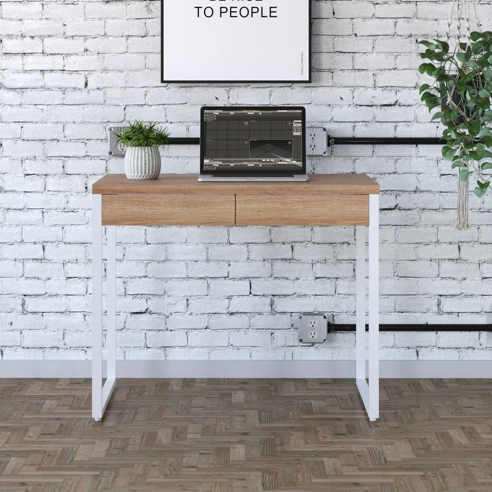 Mesa para Escritório 90cm 2 Gavetas Kuadra Lâmina Mel / Est.Branca