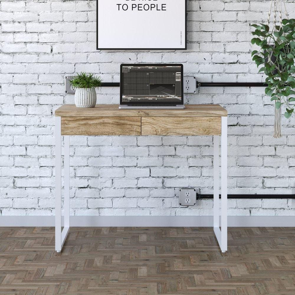 Mesa para Escritório 90cm 2 Gavetas Kuadra Carvalho / Est.Branca