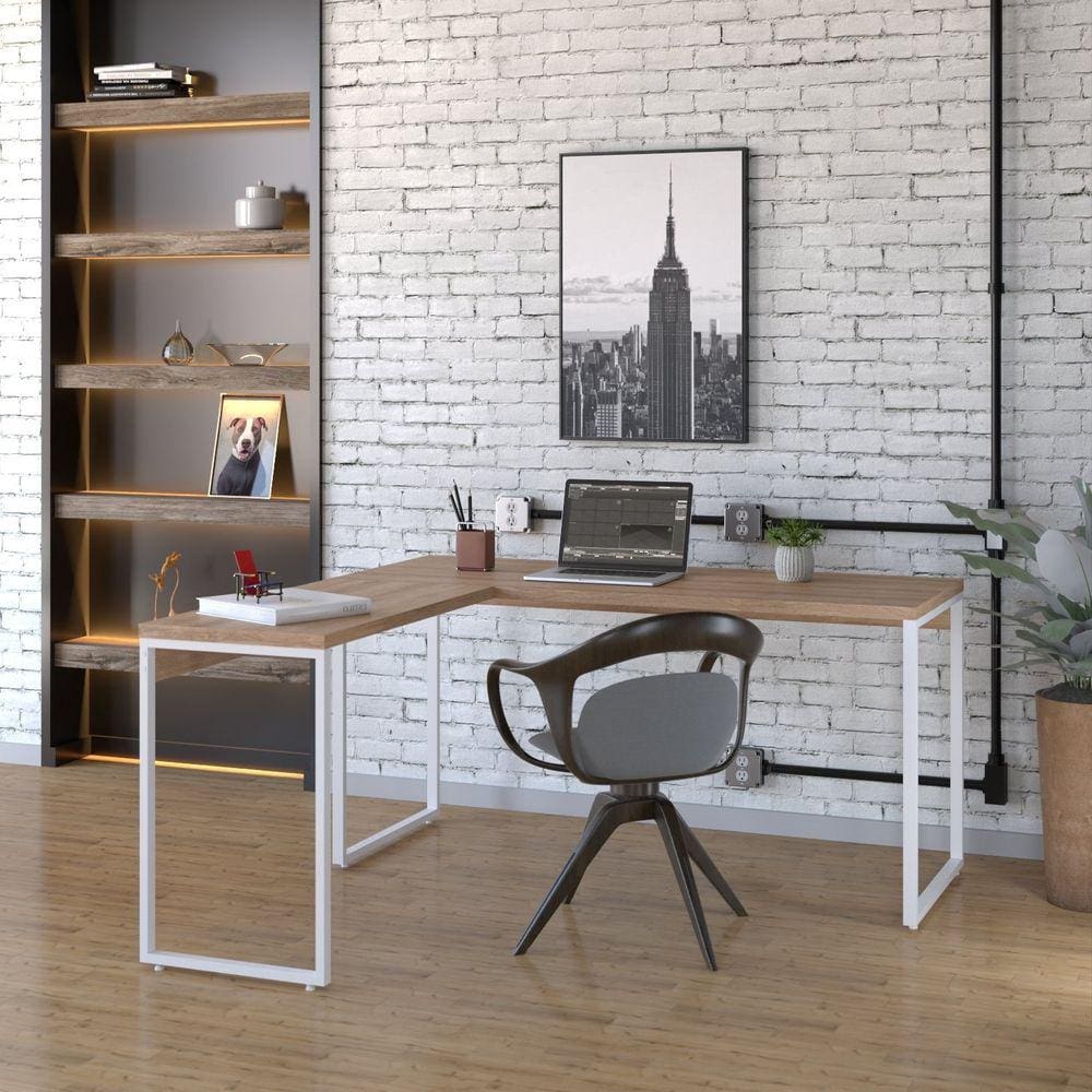 Mesa de Escritório em L Estilo Industrial 150x150cm Kuadra Lâmina Mel / Est.Branca