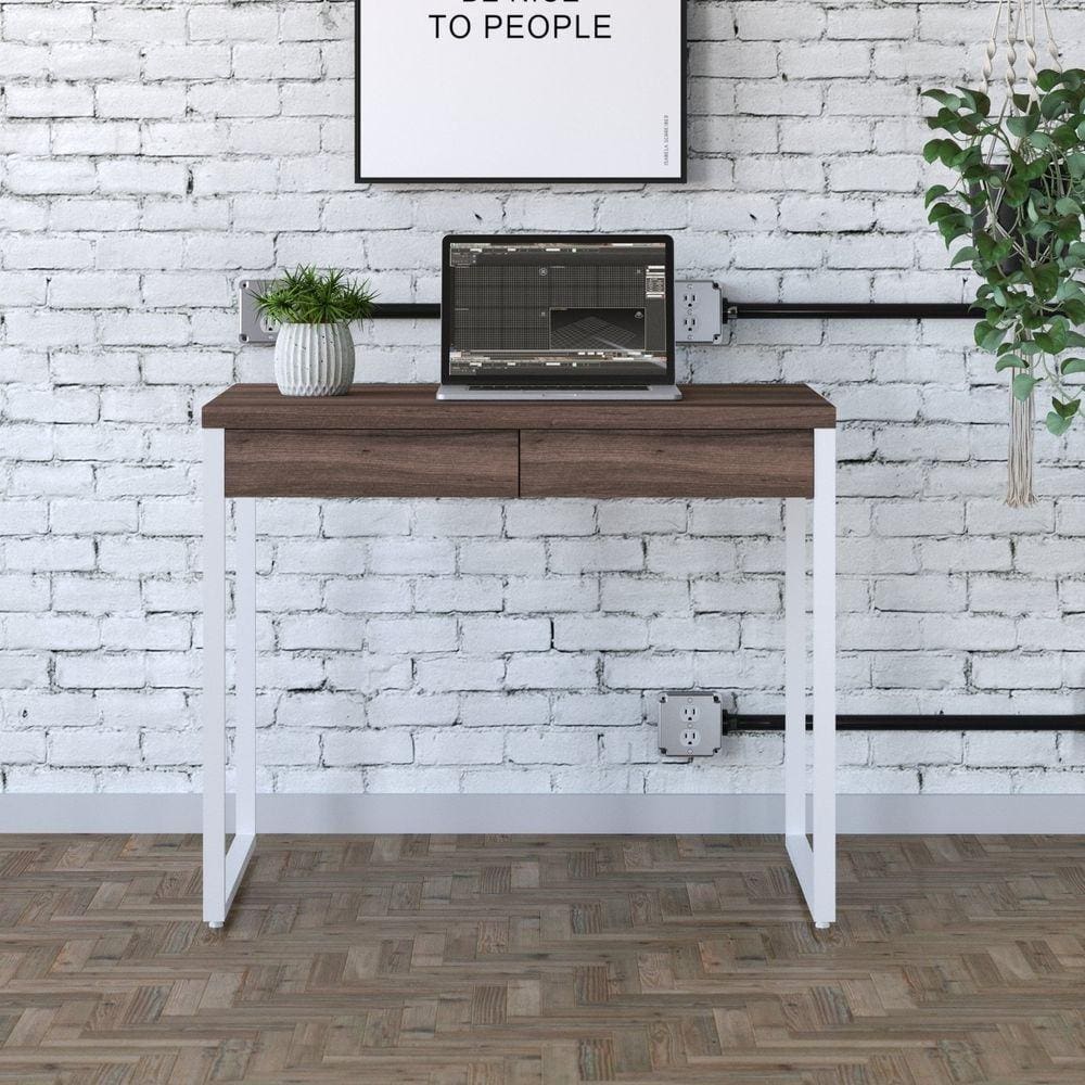 Mesa para Escritório 90cm 2 Gavetas Kuadra Nogal / Est.Branca
