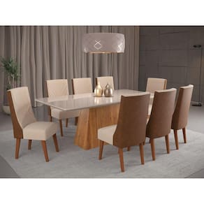 Mesa de Jantar Retangular Splendore com 8 Cadeiras Topazio Mel/Off/Linho Bronze