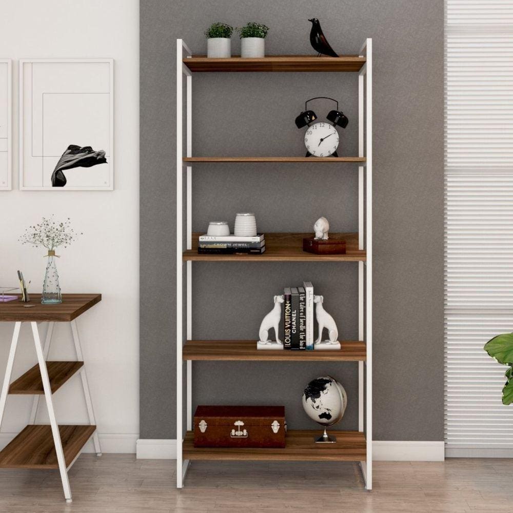 Estante Multiuso 5 Prateleiras 187x80cm Industrial Kuadra Compace Nogal / Est.Branca