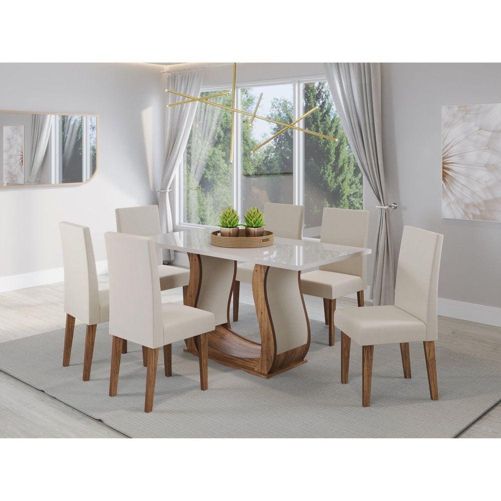 Mesa de Jantar Retangular Livia com 6 Cadeiras Venus Imbuia/Off White/Pastel