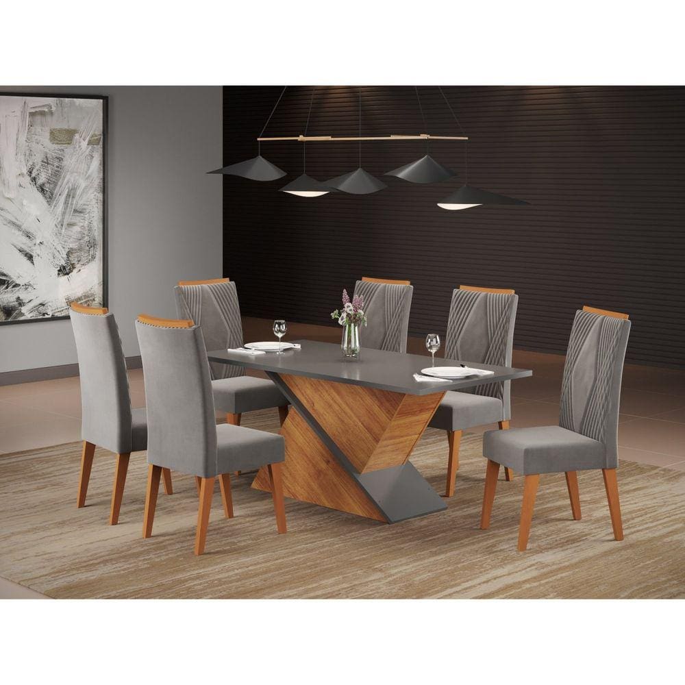 Mesa de Retangular BMW com 6 Cadeiraseiras Vegas Mel/Cinza Brilho/Grafite