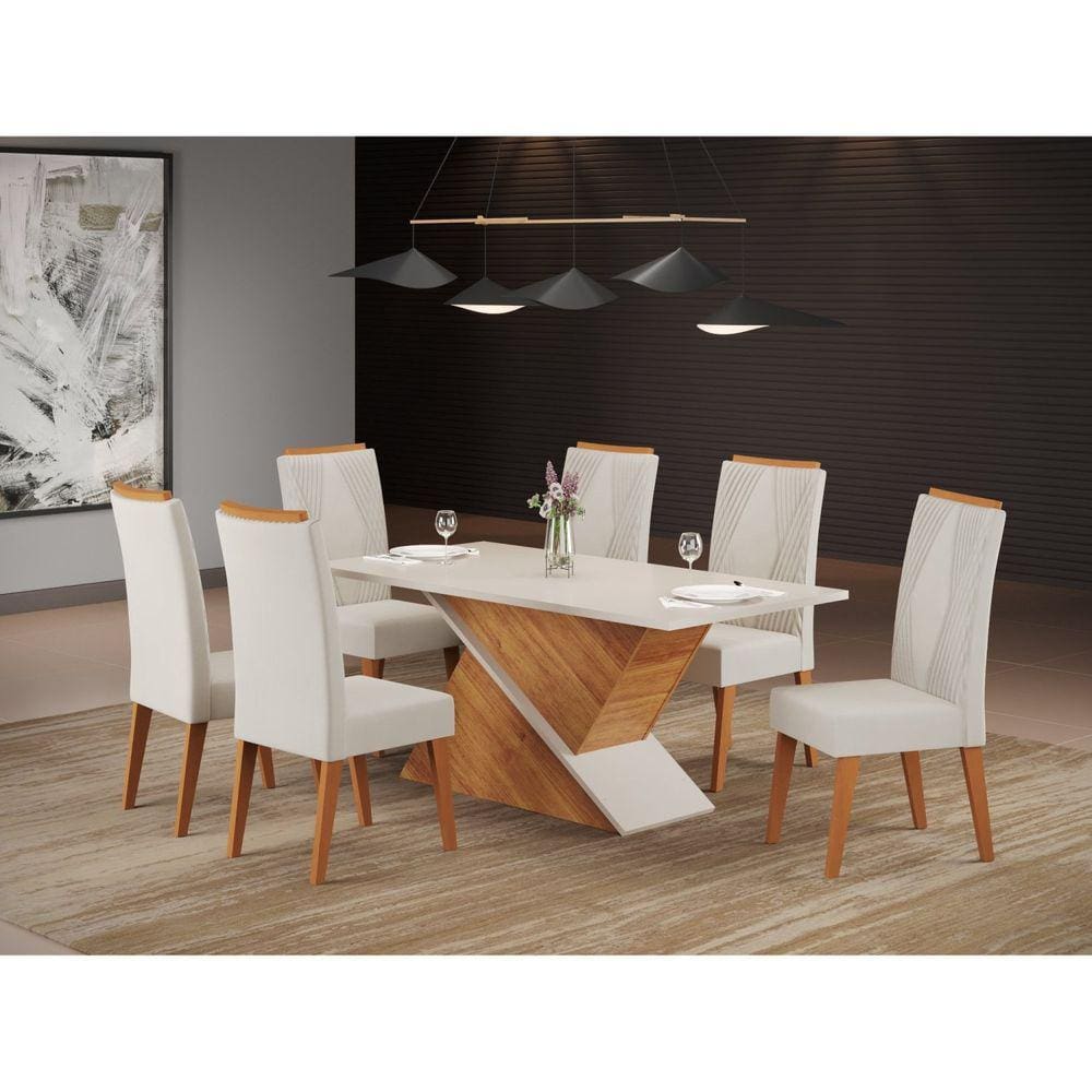 Mesa de Retangular BMW com 6 Cadeiraseiras Vegas Mel/Blonde/ Marfim