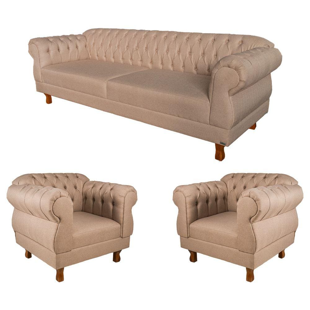 1 Sofá 1,80cm + 2 Poltronas Chesterfield Elisabeth Linho Bege