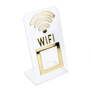 Placa Wifi QR Code Display Acrílico Mesa Balcão Transparente Cor:Transparente e Dourado