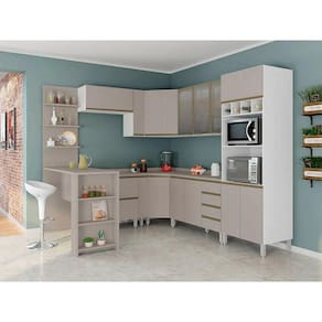 Armário De Cozinha Completa 10 Pçs Com Vidro Tampo Bancada Pérola Móveis Branco Polar Com Connect