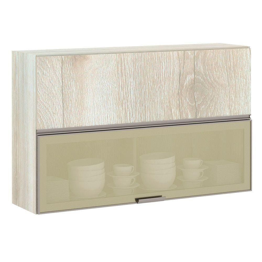 Armário Basculante Misto 120cm 1 Porta Fechada 1 Porta Com Vidro Reflecta Bronze Luci Legno Crema