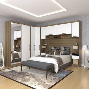 Quarto De Canto Casal Com Guarda Roupas Com Espelho E Mesas De Cabeceira Paris Luciane Móveis Avelã Pf Com Branco Pf