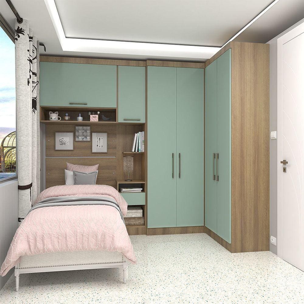 Quarto De Canto Solteiro Com Guarda Roupas Cabeceira E Mesa De Cabeceira Paris Luciane Móveis Avelã Pf Com Verde Pf