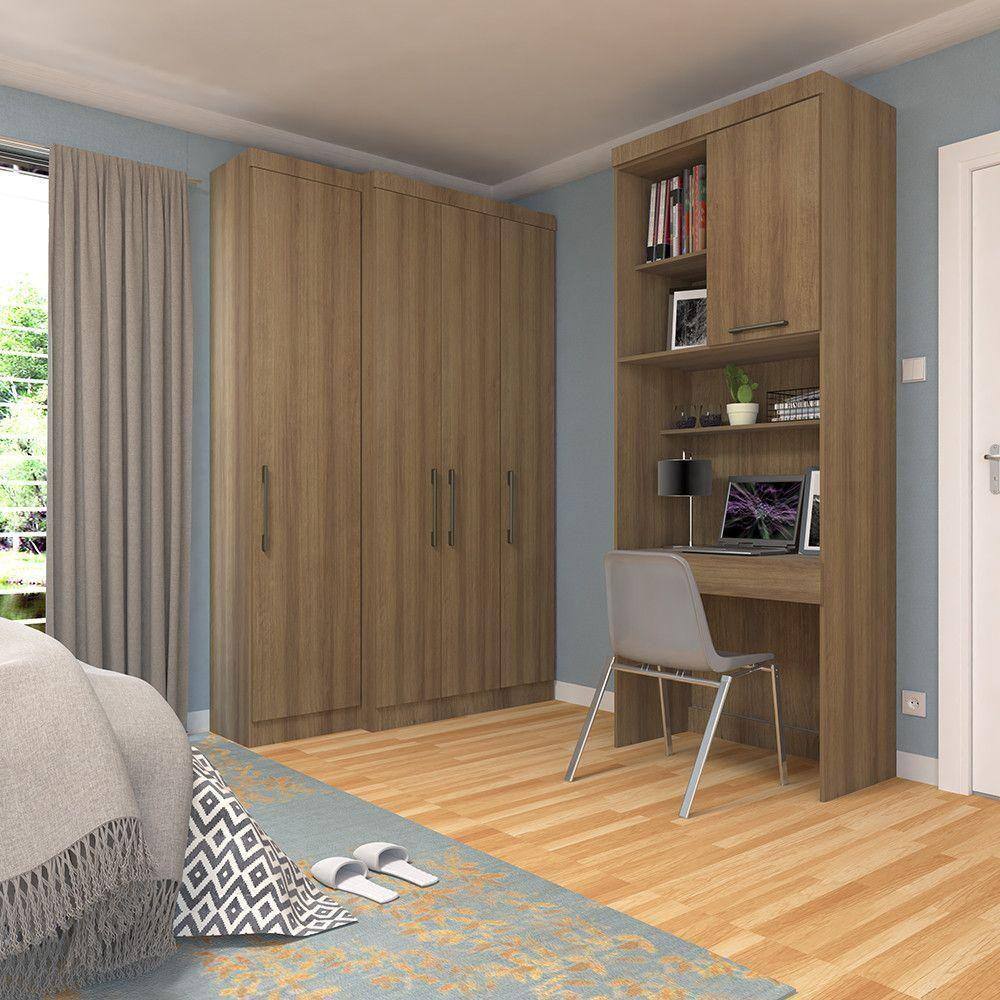 Quarto Home Office Com Guarda Roupas E Bancada De Estudos Paris Luciane Móveis Avelã Pf Com Avelã Pf