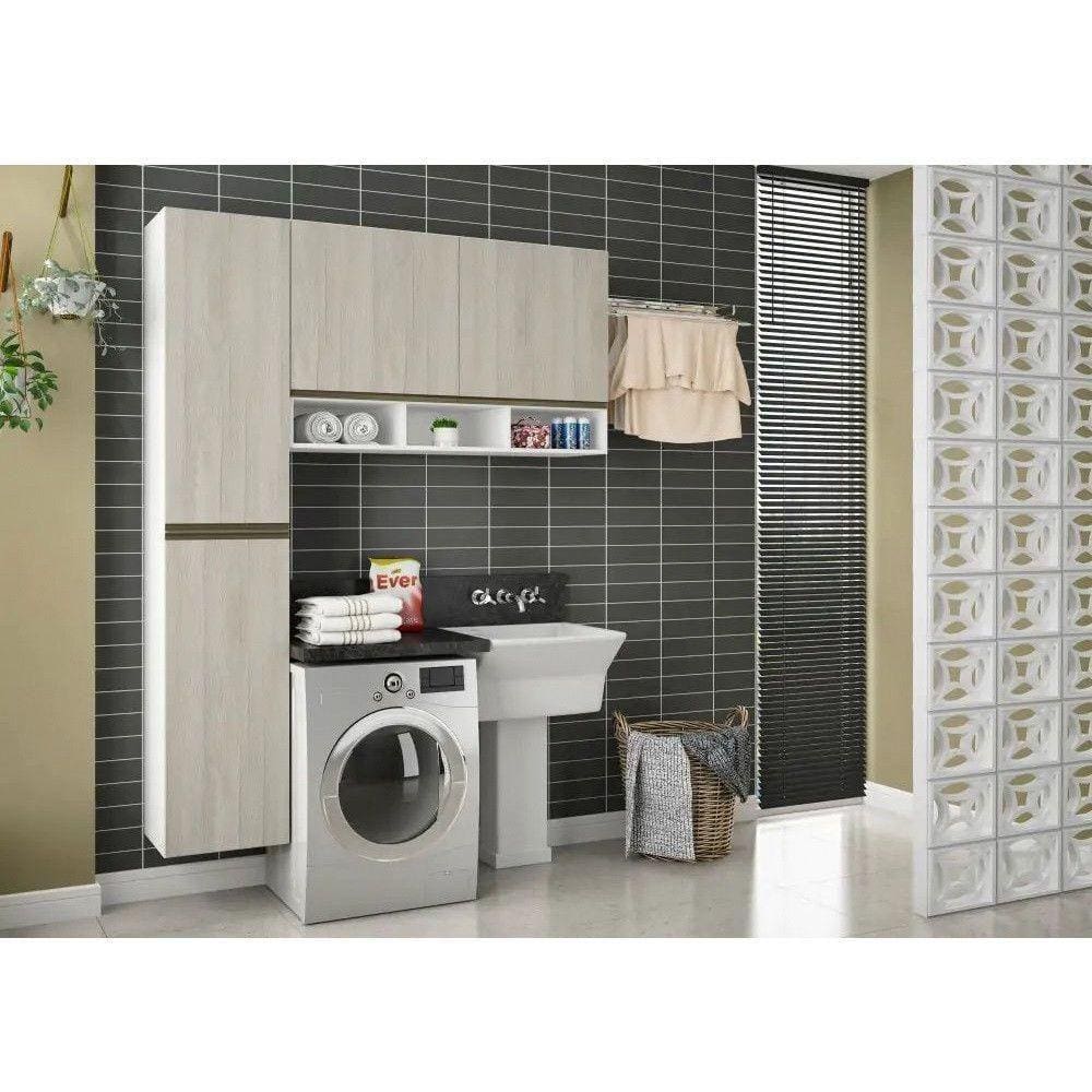 Armário De Lavanderia 2 Peças Pérola Luciane Móveis Branco Polar Com Legno Crema