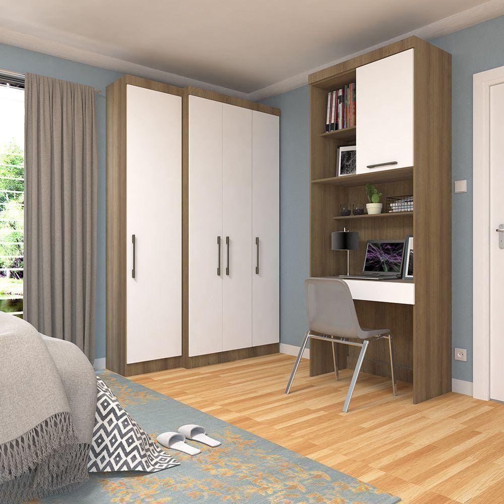 Quarto Home Office Com Guarda Roupas E Bancada De Estudos Paris Luciane Móveis Avelã Pf Com Branco Pf